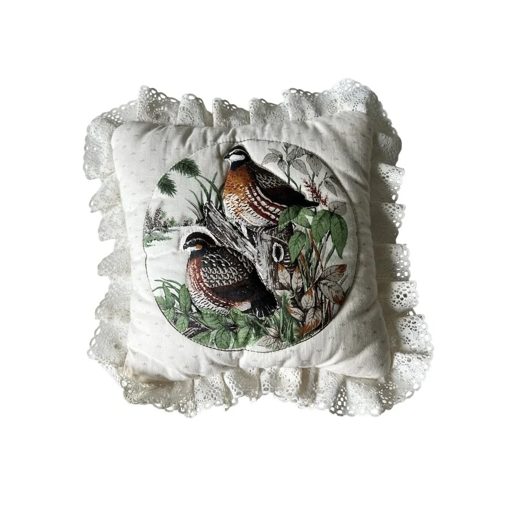 Vintage Bird Owl Quail‎ Decorative Throw Pillows Lace Trim Set of 3 Cottagecore